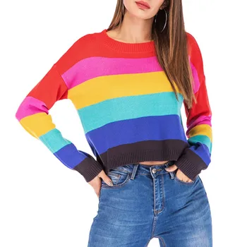 

Women Colorful Striped Rainbow Sweater Jumper Long Sleeve Round Collar Cropped KnitWear Female Knitted Pullovers Pull Femme