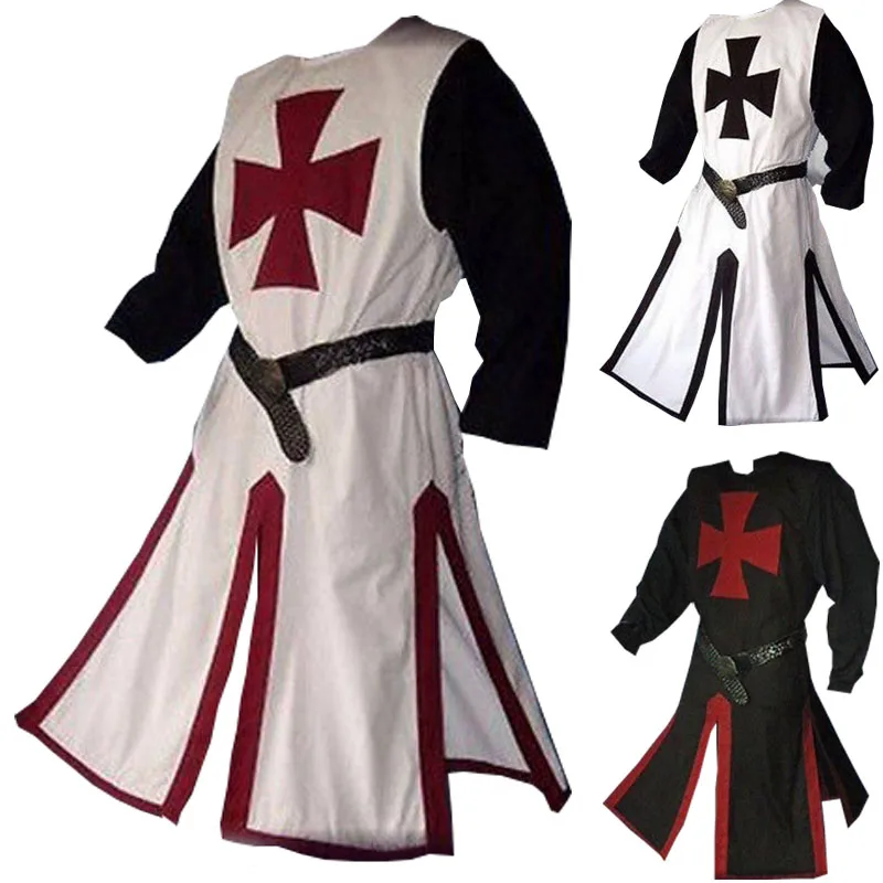Knight Templar Crusader Costume for Men, Medieval Warrior Tunic with Cross Tabard, Belted Surcoat Gown Shirt, Plus Size 3XL 4XL image 2