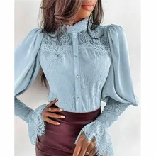 Новая мода Женская Повседневная рубашка на пуговицах Сексуальная кружевная прозрачная сетчатая дышащая блуза с длинным рукавом женская тонкая блуза в стиле кэжуал