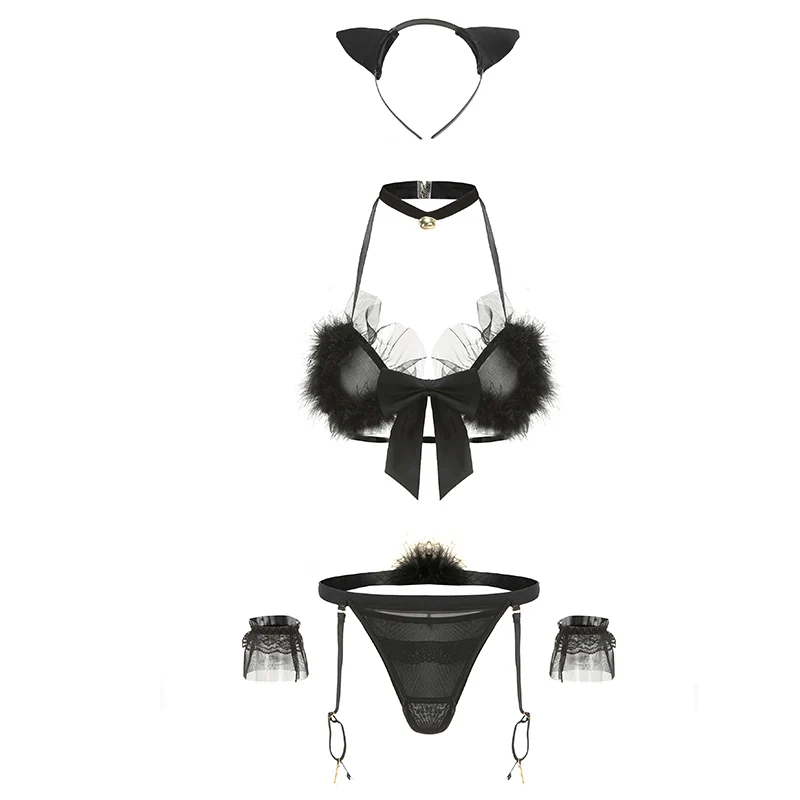 

Tulin FashionDark Black Anime Cat Cosplay Uniform Cute Lolita Kitten Lingerie Set for Women Erotic Through Costumes Sexy Lace