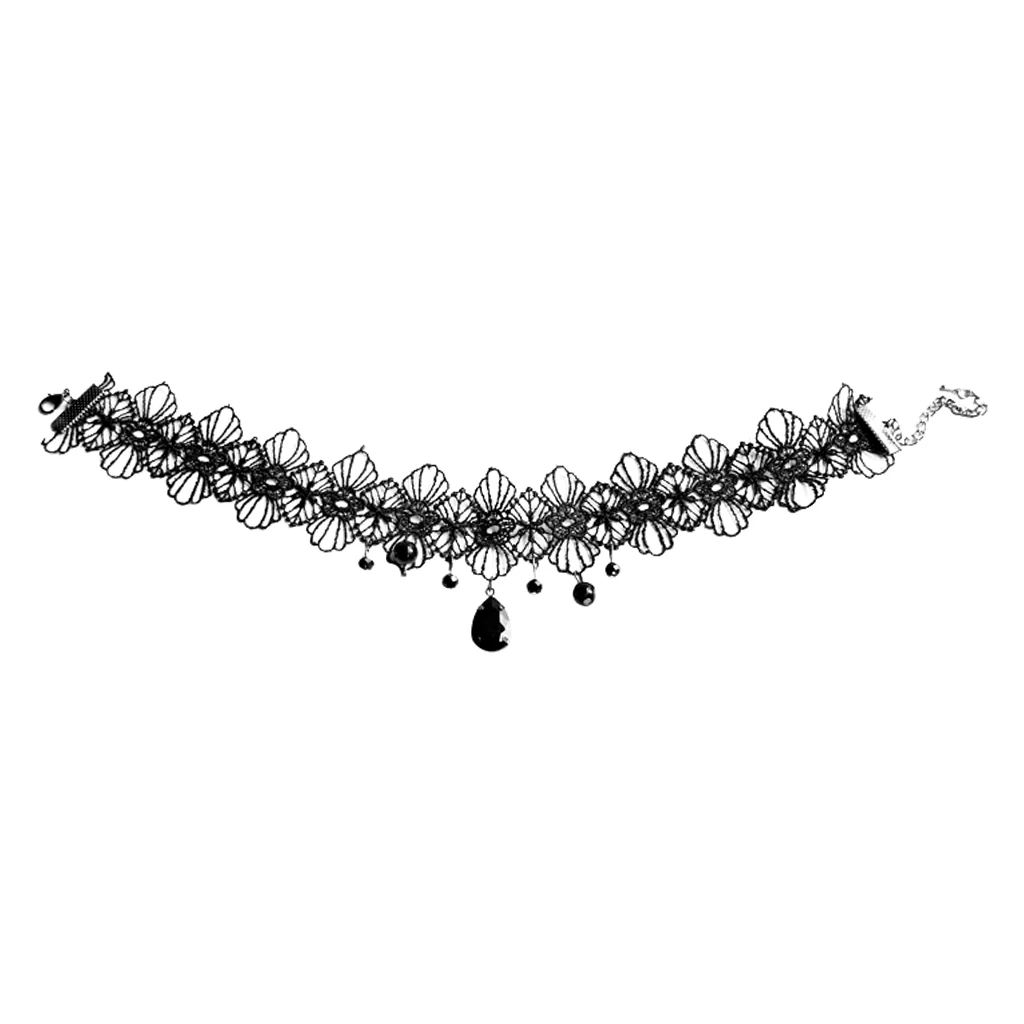 Wedding Party Beads Rhinestone Tassels Chain Pendant Gothic Necklace for Women Vintage Punk Black Lace Choker 