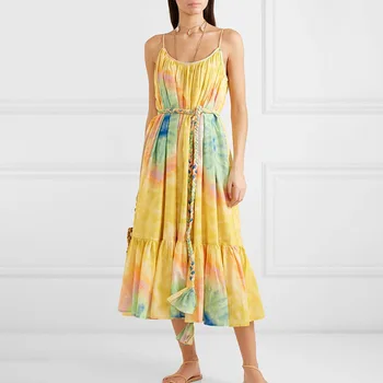 

Dropship Summer Sleeveless Women Dress Spaghetti Strap Sashes Hit Color Midi Dresses Female Fashion 2020