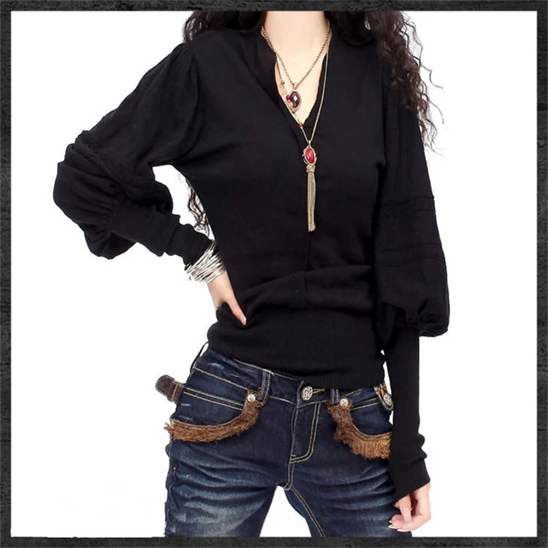

2020 Spring Autumn Fashion New Arrival Cashmere Wool Sweater V-Neck Lantern Sleeve Sweater Pullovers Long Sleeve Women Sweaters