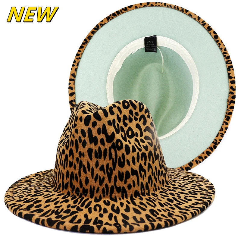 Fedora hat new leopard print bottom light green big brim Panama felt hat men's jazz hat new top hat ladies шляпаженская mens summer fedora hats