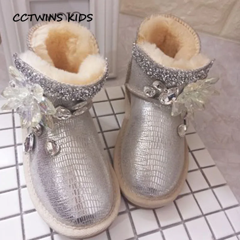 Детские ботинки со стразами CCTWINS модные зимние из натуральной кожи до середины