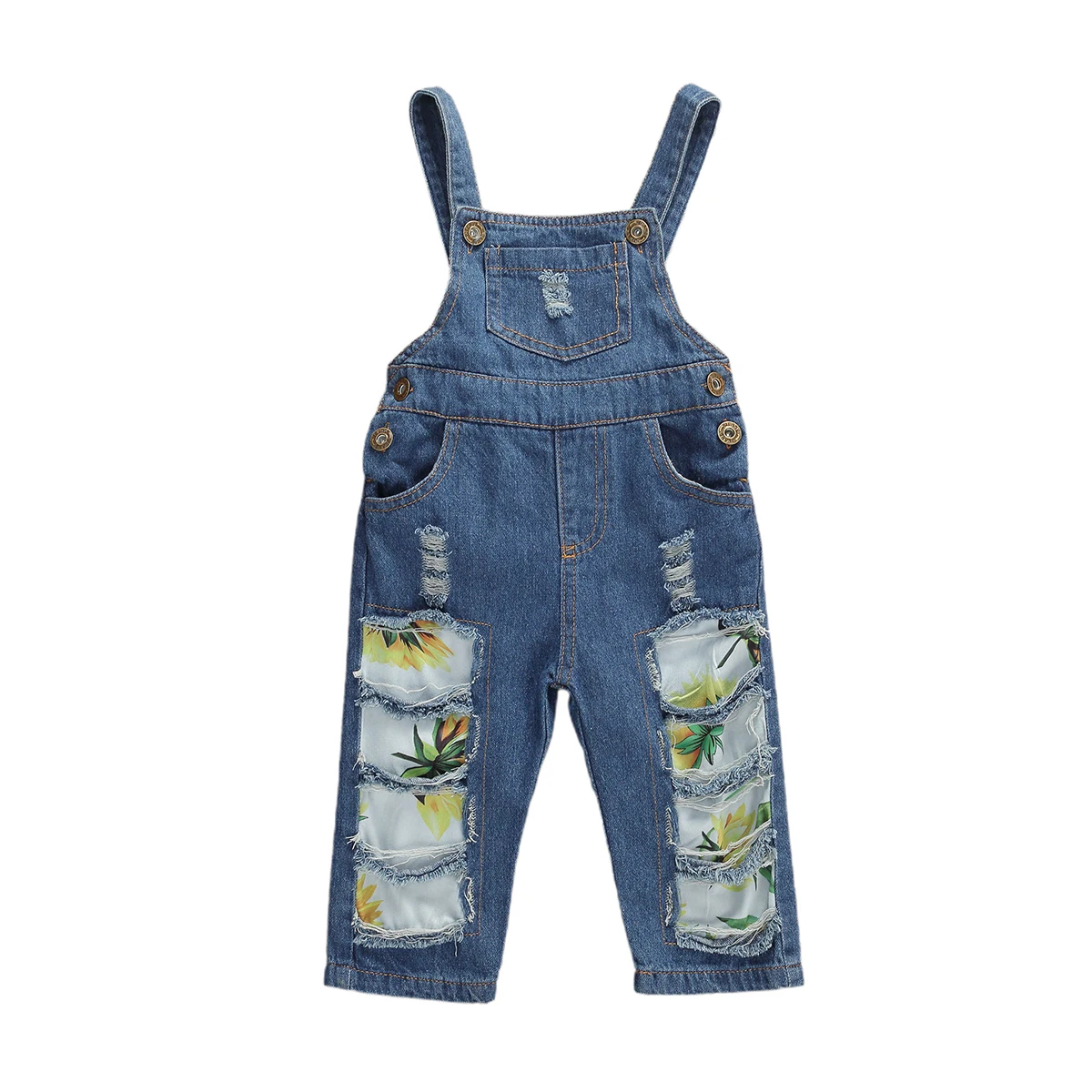 1 4Y Toddler Kids Baby Girls Overalls Romper Flowers Print Blue Denim Button Straight Long Pants
