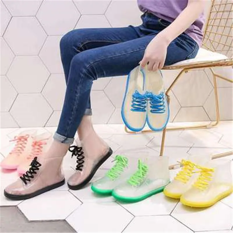 

Ankle Rain Boots Women Fashion Jelly Transparent tie Platform Lace Up PU Waterproof Motorcycle Colorful Ankle Mature Boots