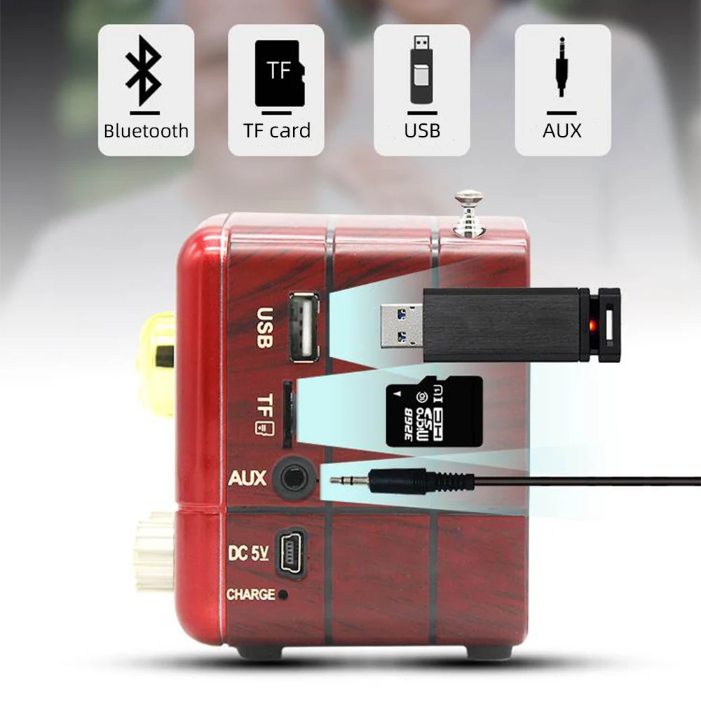 1 шт. красный/кофе портативный Винтаж Ретро Bluetooth радио динамик AM FM TF слот для карт USB Перезаряжаемый домашний путешествия мини радио