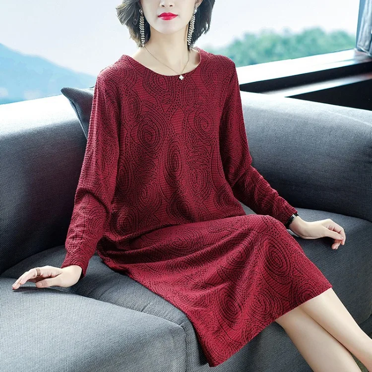 

Mrs. Large Size Dress High-End Knitted Jacquard Middle-aged Dress 2019 Spring And Autumn New Style Middle-aged Women Dress Skirt