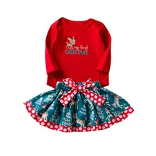 Мой первый Рождественский Комбинезон для маленьких девочек с рисунком оленя и надписью+ юбка с бантом Рождественский комплект одежды conjunto infantil menino#3