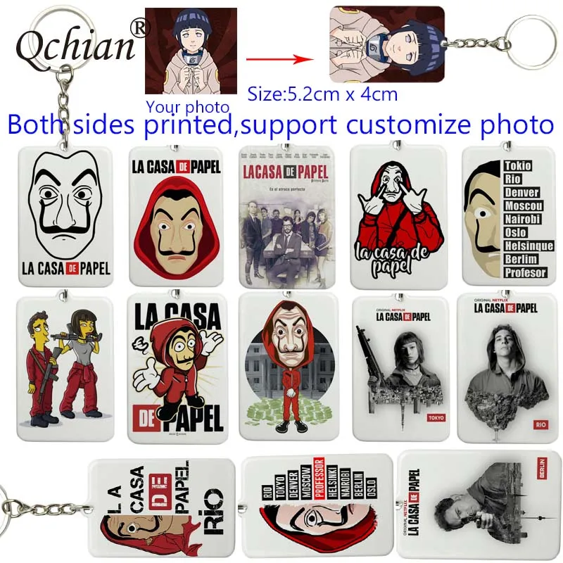 

Custom Keychains Baby Family Lovers Photo Text Keyrings Salvador Dali House of Paper Key Chain Rings Holder for Friends Gifts