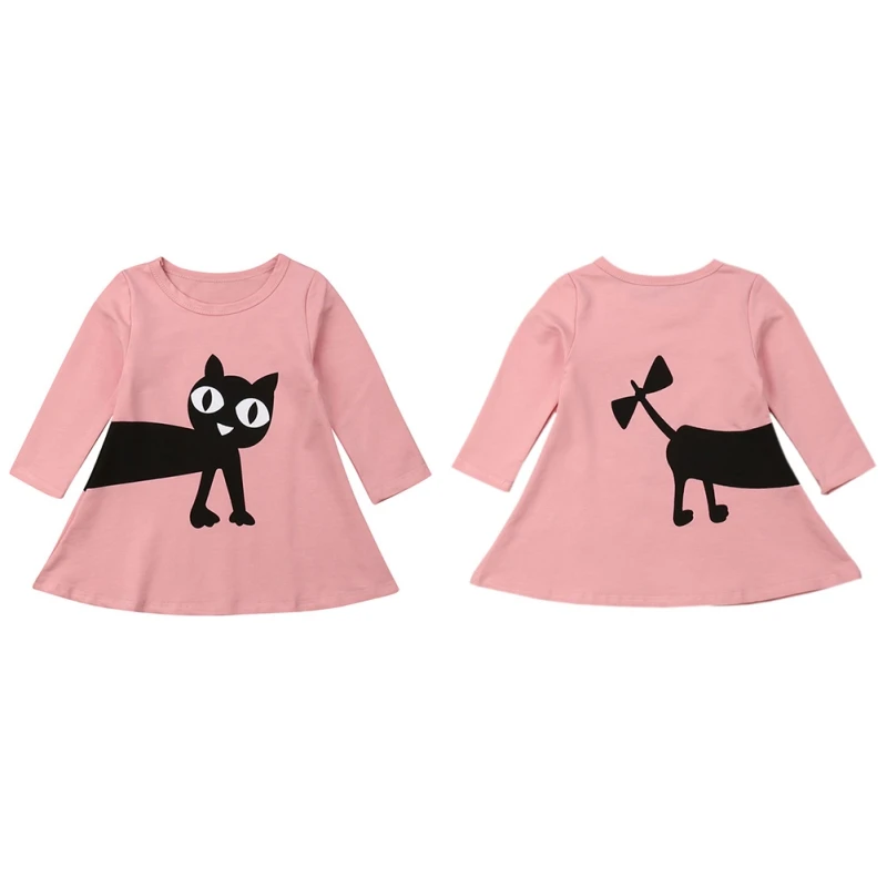 

Summer Casual Baby Girls Long Sleeve Cartoon Cat Pattern Patchwork Dress Kids Toddler Princess Sundress