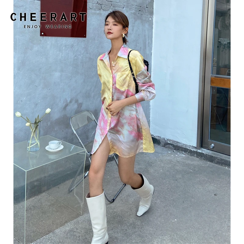 Женское атласное платье-рубашка с длинным рукавом CHEERART Розовая Желтая