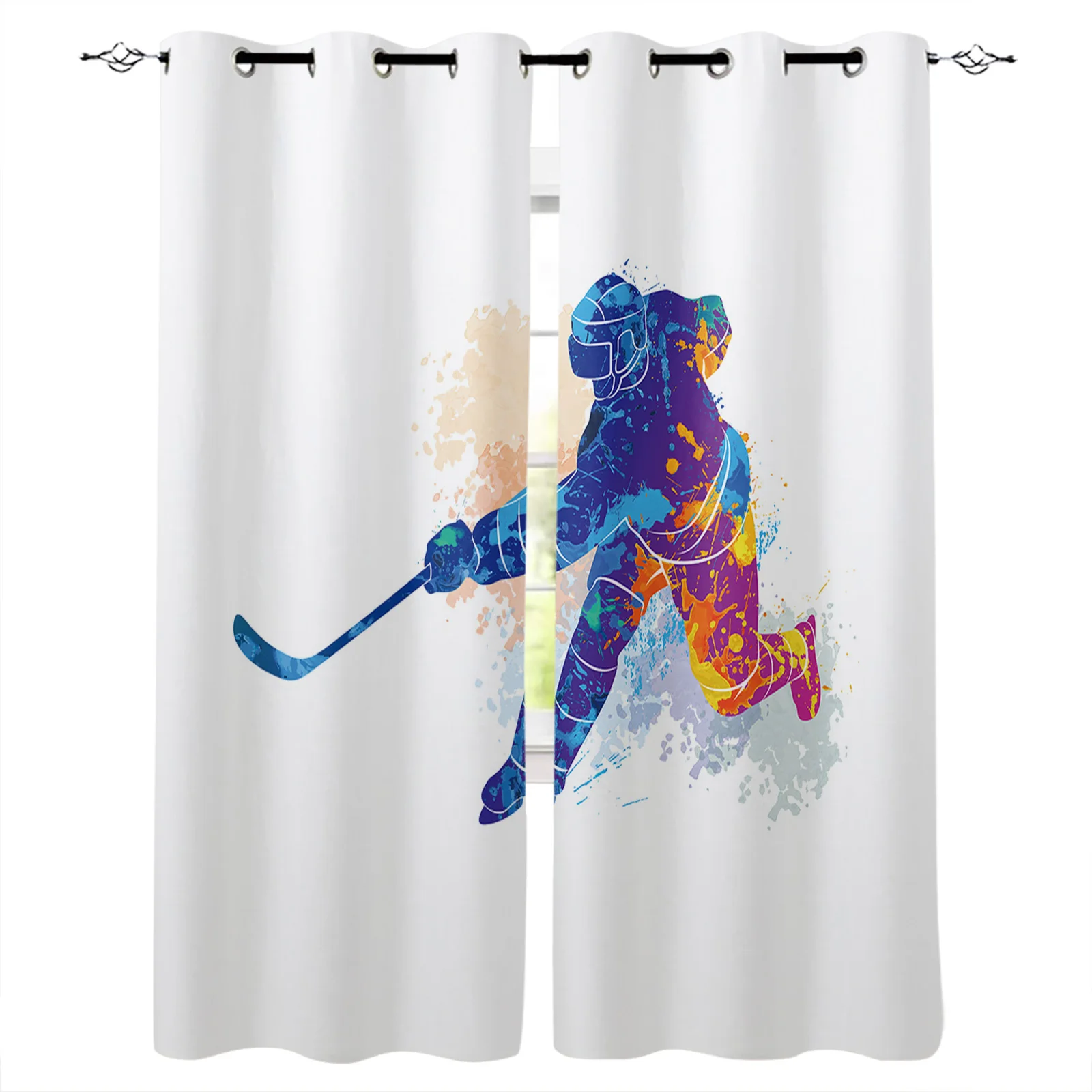 WatercolorSportHockeyPlayerBlackoutCurtainsForKitchenBedroom