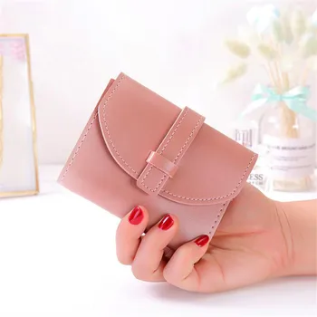 

Lady Small Fresh Short Wallet PU Draw Belt Solid Color Short Card Bag Purse Clutch Fashion