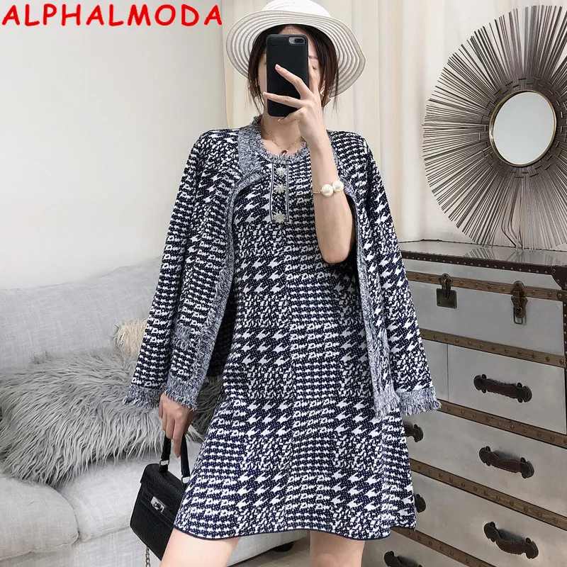 

ALPHALMODA Women Elegant Suit Tassel Trim Single Breasted Knit Fashionable Jacket + Knitted Vest Dress Female 2pcs Set