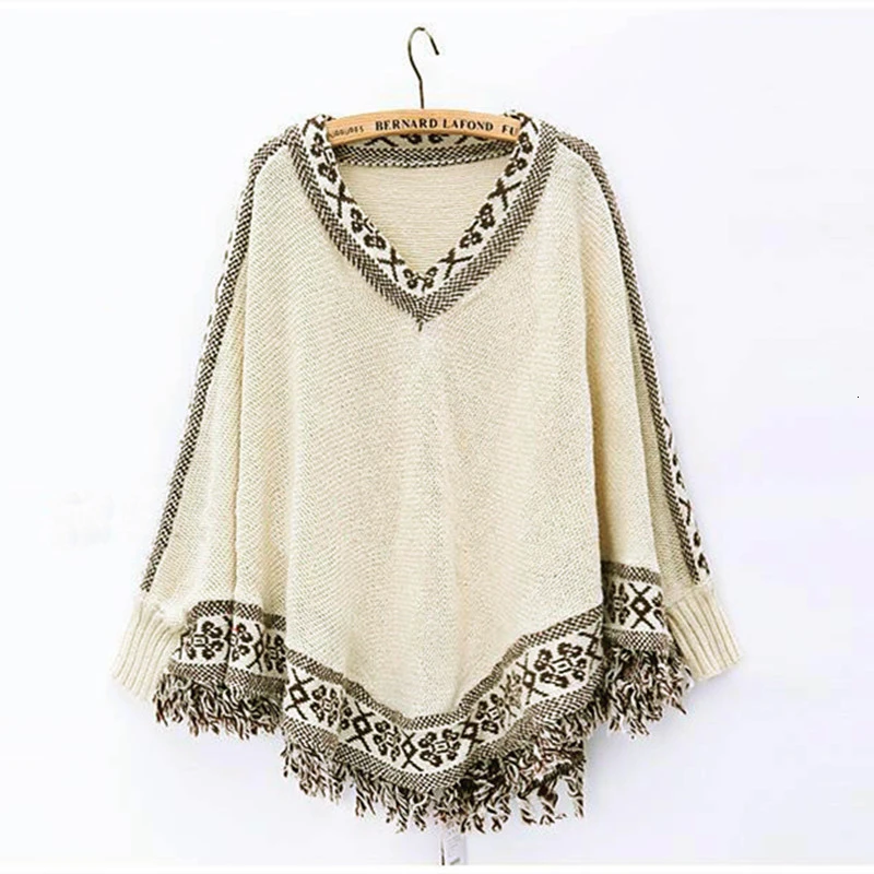 Autumn and Winter New Korean Style Tassel Shawl Cloak V-neck Loose Sweater Coat Large Size sweater Upper Sweater 2019 Autumn and Winter New Korean Style Tassel Shawl Cloak V-neck Loose Sweater Coat Large Size sweater Upper Sweater 2019