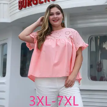

Female 2020 summer plus size tops for women large short sleeve casual loose hollow out O neck T-shirt pink 3XL 4XL 5XL 6XL 7XL