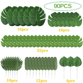 

90 Pieces 6 Kinds Artificial Palm Leaves Tropical Leaves Decorations For Jungle Party Decorations Beach Birthday Luau Hawaiian