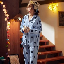 Пижамный комплект с v-образным вырезом из чистого хлопка, длинный отрезок, ночное белье для женщин, большие размеры, с принтом, с карманом, дышащие костюмы для отдыха