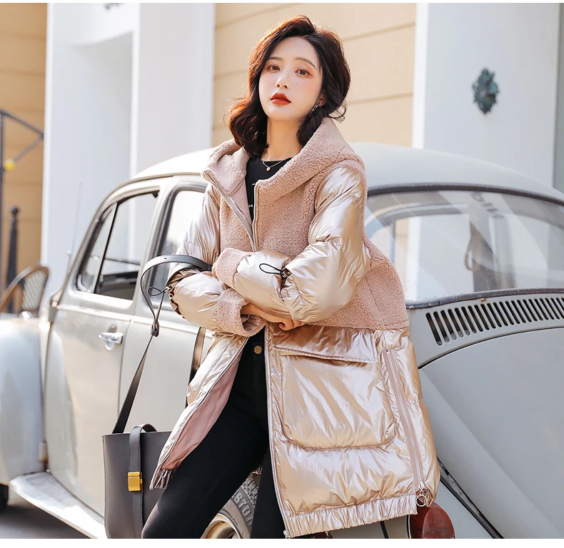 Высокое качество новая зимняя куртка женское теплое пальто с капюшоном Стильная Женская парка из блестящей ткани длинное пальто из овечьей шерсти - Цвет: champagne