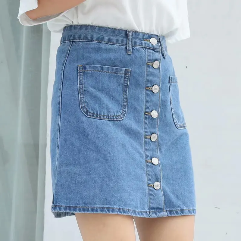 

Summer Light Blue High-waisted Korean Version of the Package Hip Denim Skirt Women's A- line Skirt Button Ornaments Fashion Girl