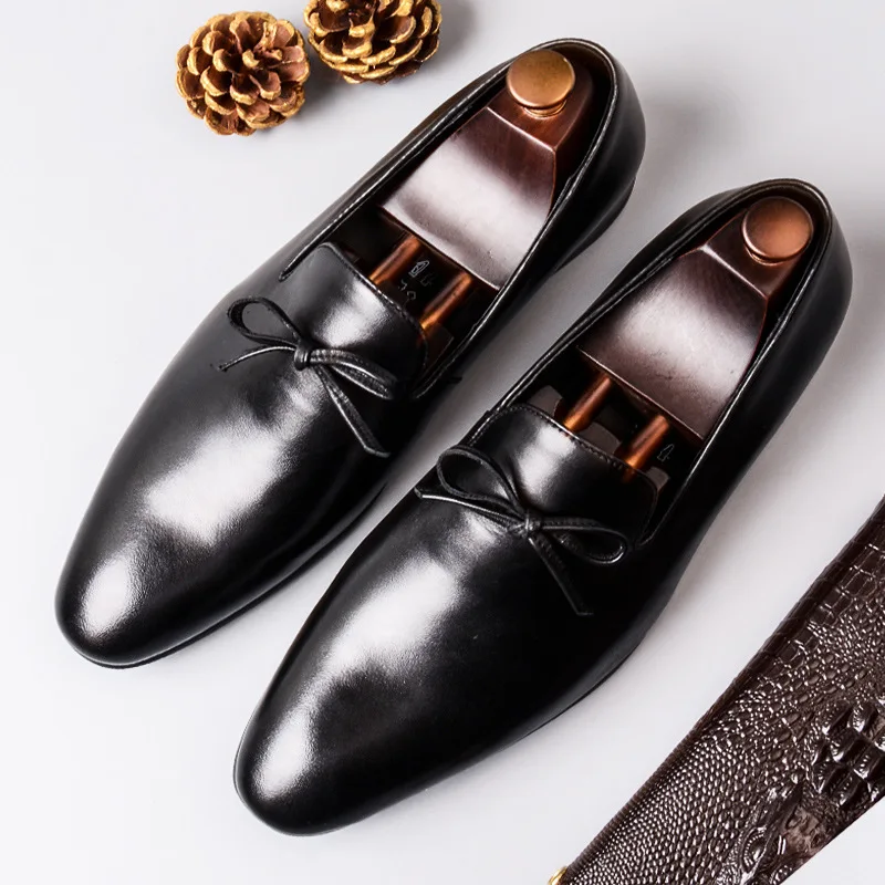 Merkmak New Autumn Men Loafers Genuine Leather Dress Shoes Fashion Bow-knot Slip-on Busniess Formal Shoes Big Size 37-46 Flat