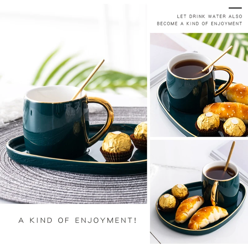 Goede Japanse Stijl Luxe Keramische Cup Met Plaat Creatieve Goud Koffie Mok Snack Schotel Set Eenvoudige Engels Afternoon Tea Cup Met lepel