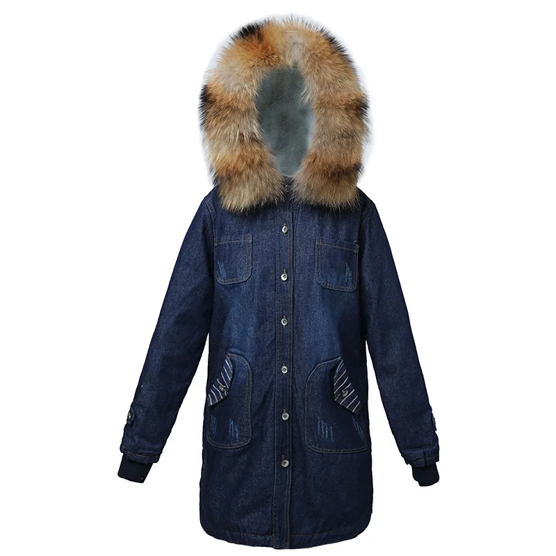 low cost  Ladies Winter Thick Jeans Jacket Faux Fur Collar Hooded Long Denim Jacket Female Warm Wool Jean Coa