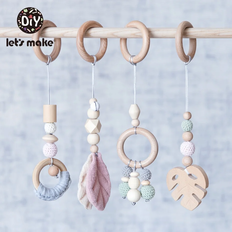 

Let's Make 4pc/set Baby Teething Wooden Crochet Beads Newborn Comfort Toy Stroller Accessories Beech Wood Leaves Pendant