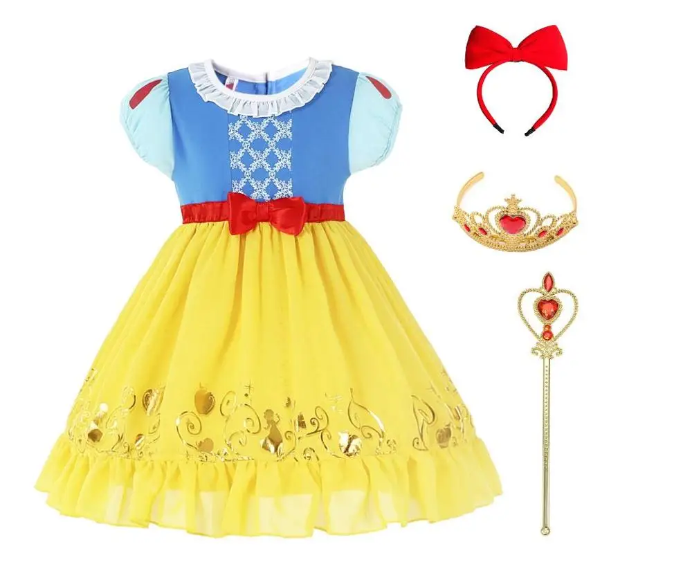 Платье принцессы Белоснежки для девочек; детское платье для маленьких девочек; карнавальный костюм принцессы для рождественской вечеринки на Хэллоуин; детская одежда из хлопка - Цвет: Dress headband crown