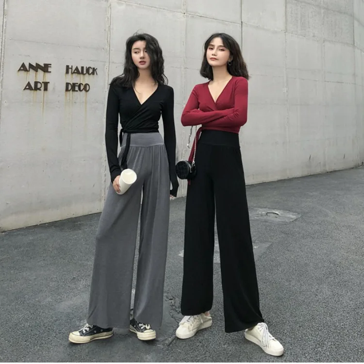 

Photo Shoot 2020 Spring V-neck Lace-up Short T-shirt Versatile High-waisted Vertical Pendant Wide-Leg Women's