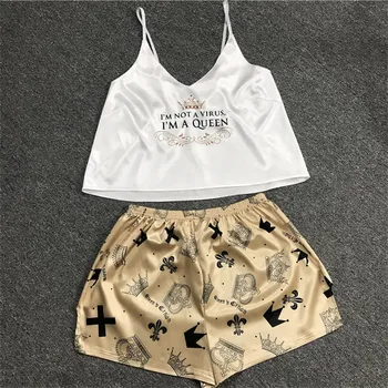 

FZSLCYIYI Queen Print Lovely Sleepwear Summer V Neck Sexy Pyjamas Women Spaghetti Strap Loose Pyjama Satin Femme Home Suit
