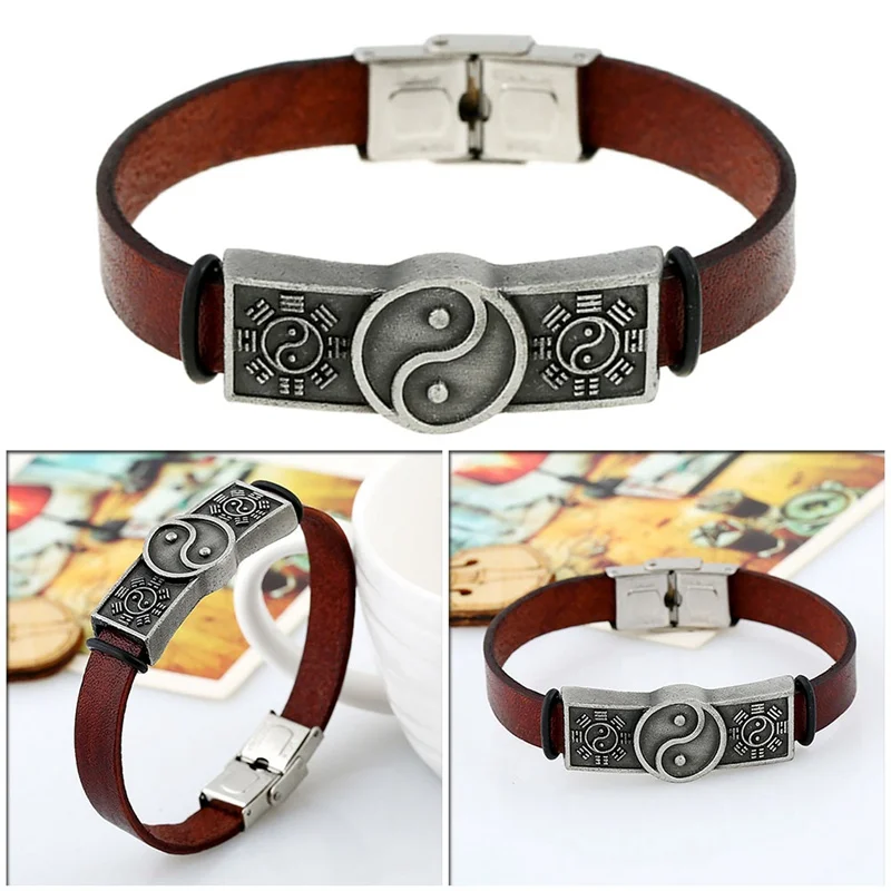 1PCS Punk Handmade Eight Diagrams Leather Alloy Bagua Pendant Bracelets Bangles for Women Men Vintage