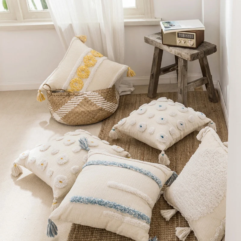 Embroidery Cushion Cover Geometric Canvas Cotton Square Pillow Cover