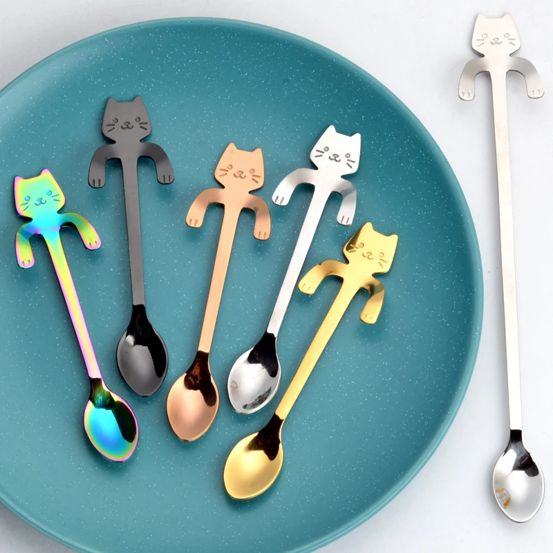 Stainless Steel Cute Cartoon Cat Hanging Cup Coffee Spoon Ice Cream Dessert Teaspoon Creative Mug Tea Tableware Hot Sale | Дом и сад