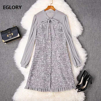 

High Quality New 2020 Spring Dress Women Bow Collar Vintage Wool Patchwork Beading Buttons Deco Long Sleeve Black Grey Dress