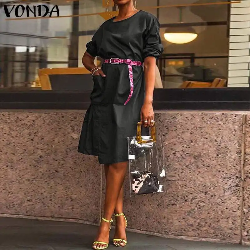 VONDA Offic Ladies Elegant Dress Women Knee-Length Dress Summer Sundress Casual Loose Half Sleeve Vestidos Plus Size S-5xl