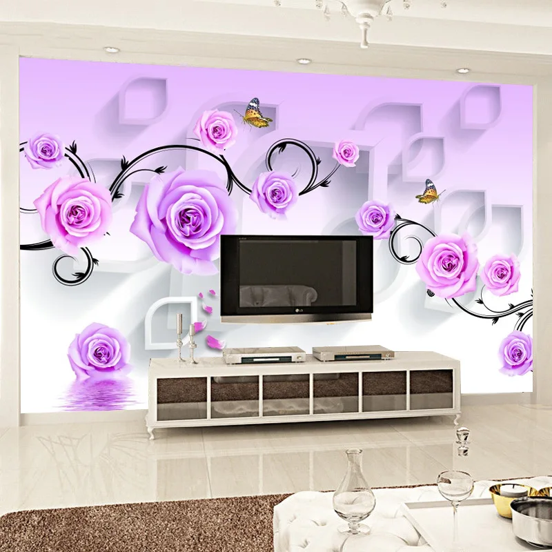 Пасторальный стиль 3D обои большая гостиная телевизор задний фон на стену фреска фиолетовые розы пленка и стена под телевизор ткань