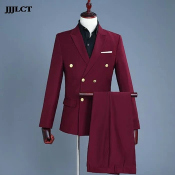 

Fashion costumes host singer annual meeting costume photo studio photo male dress suit wine red double row gold buckle suit