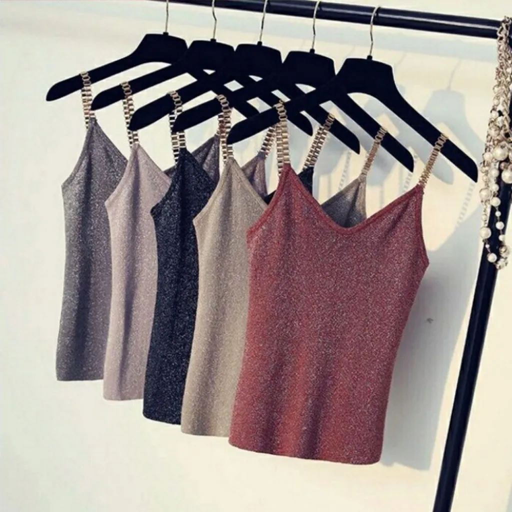 

Women'S V-Neck Sleeveless Sequin Sling Silk Knit Vest Women'S Slim Sling Girl Simple Casual Solid Color Vest #YL5
