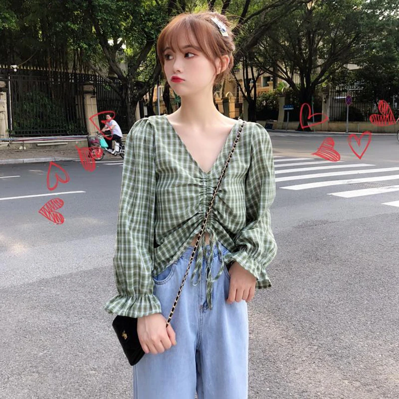 

2 Colors Mihoshop Ulzzang Korean Korea Women Fashion Clothing V Collar Preppy Gird Plaid Bell Sleeve Shirt