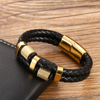 

Hot Selling Men's Leather Bracelet Gold Stainless Steel Accessory Magnet Clasp Multilayer Bracelet 3 Colors Optional Men Jewelry