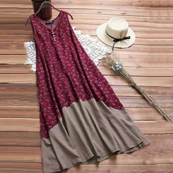 

Wine Red Print Sleeveless 2020 Summer Dress Sexy Patchwork A-Line Midi Office Home Dresses Blue Women's Plus Size Sundress 5XL