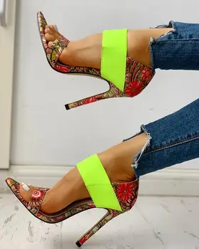 

Colorful Print Elastic Bandage Thin Heeled Sandals open toe party wear