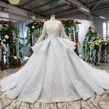 

BGW HT4164 Luxury Bridal Gown With Train O-neck Long Sleeve Lace Up Back Ruffle Indian Wedding Dress Robe De Mariee Grand Taille