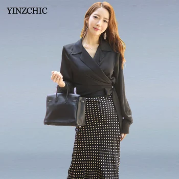 

Elegant OL Spring Work Party Suits Black Blouse + Dots Mermaid Skirt Suit Sets for Woman New Ladies Slim Office 2pcs Sets