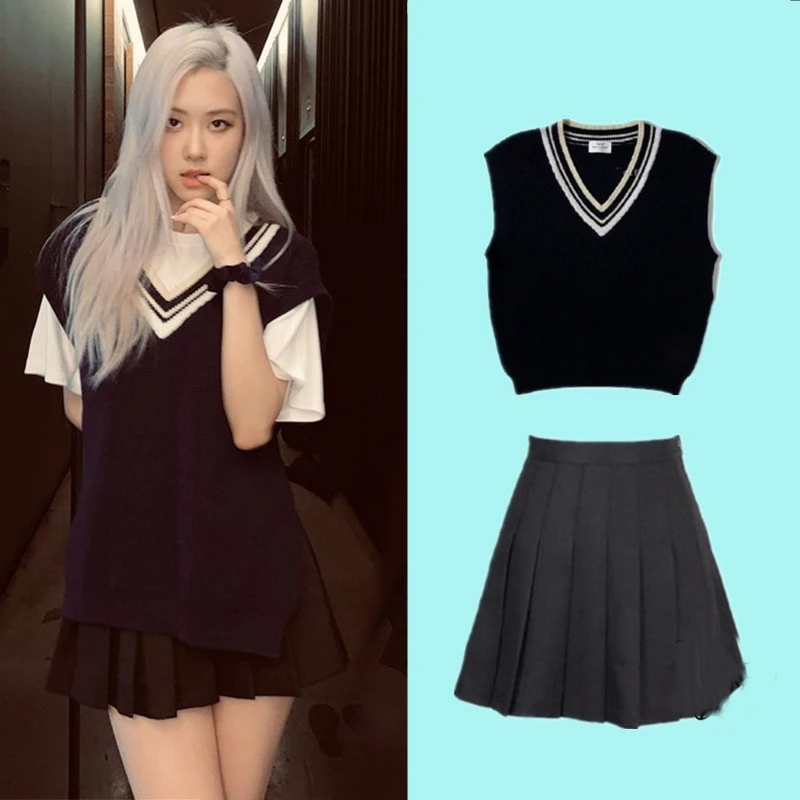 Kpop Twice Exo Rose Autumn New Fashion V Neck Knit Vest And White Tshirt Tops Black High Waist Mini Pleated Skirt Women Outfits Dress Suits Aliexpress