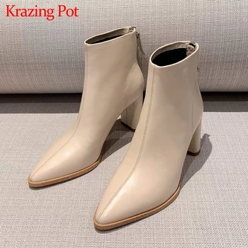 

Krazing pot new basic clothing cow leather pointed toe zipper thick high heels wedding lovely girl party Chelsea ankle boots L72