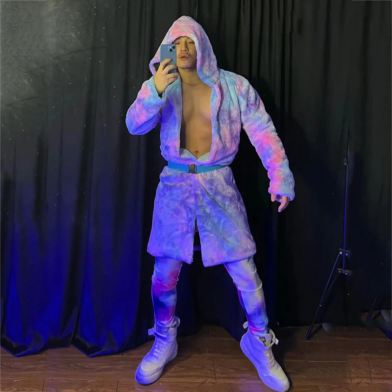 male salsa dancer outfit Male Long Fur Color Tie-dye Long Coat Leggings Festival Rave Outfit Gogo Costume Burning Man Nightclub Dj Ds Clothing XS3148 male ballet attire